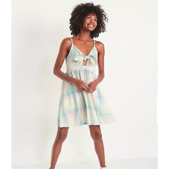 NEW! Old Navy- Yellow Blue Pink Plaid Spaghetti Strap Self Tie Mini Dress NWT - Picture 2 of 11